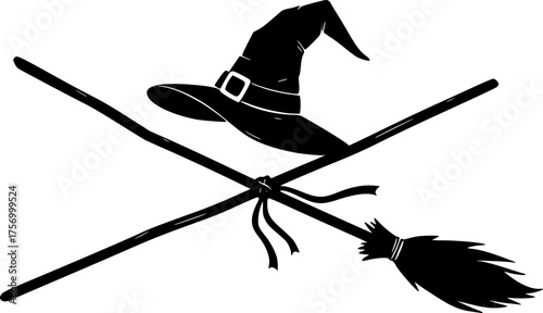 Black silhouette witch hat and broomstick crossed with ribbon vector illustration for halloween celebrations silhouette White background
