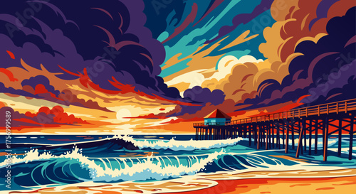 Vibrant Sunset Over Coastal Pier A Colorful Painting of Waves, Beach, and Dramatic Sky in Art