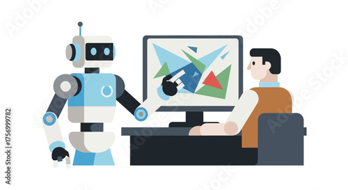 Robot Assisting Human with Computer Task Illustration.