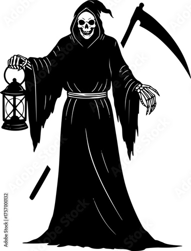 Grim reaper silhouette holding lantern vector illustration scalable graphic design for declarative content silhouette White background
