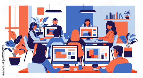 Team Working Together at Desks with Computers.