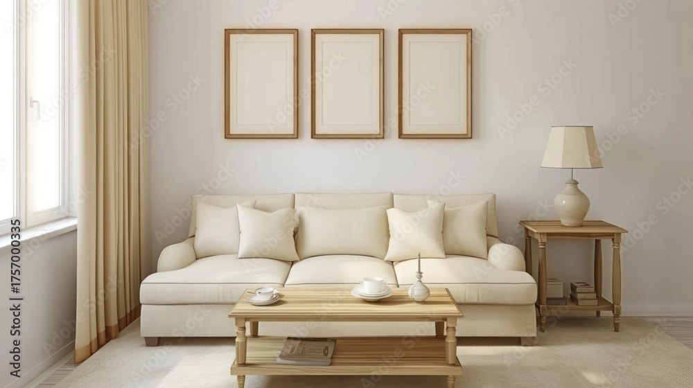 Fototapeta premium Elegant Light Beige Living Room Sofa with Cushions and Wooden Side Table in Bright Natural Light
