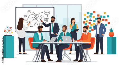 Business Team Brainstorming Ideas Around Whiteboard in Office.