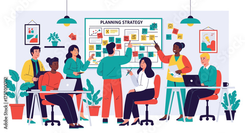 Team Collaborating on Planning Strategy in Office.