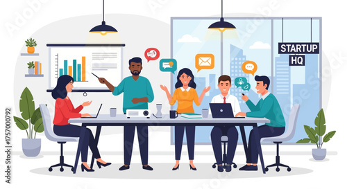 Diverse Team Collaborating in Startup HQ Meeting Room.