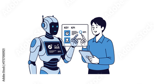 Robot and Man Analyzing Key Performance Indicators.