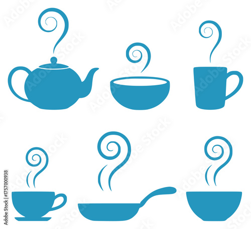 Collection of Blue Icons Representing Hot Food and Drinks