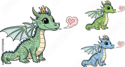 Cute cartoon dragon illustration, fantasy creature with crown, blowing heart smoke, blue green scales, whimsical character design, children’s fairytale art