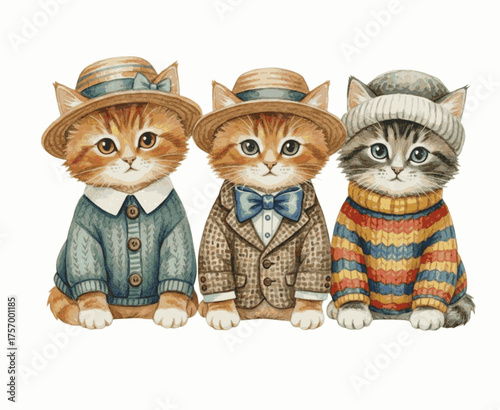 Three in Finery Fashionable Feline Trio isolated watercolor vector illustration svg