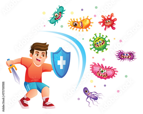 Boy defending against attacking viruses and bacteria with a sword and shield featuring a medical cross symbol. Vector cartoon illustration