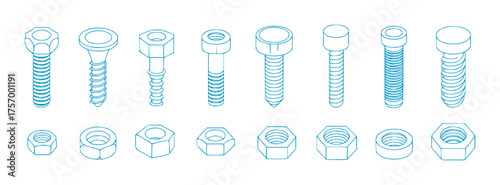 Collection of Blue Line Art Bolts and Nuts on White Background