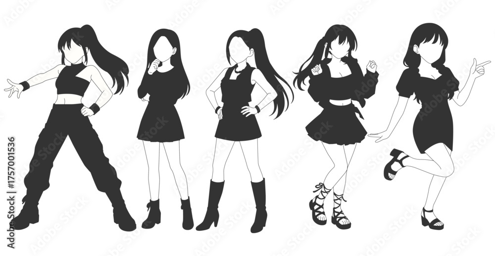 Naklejka premium Set silhouette illustrations of kpop idols singing and dancing on stage. Flat vector kpop music star. Modern group dancers with various different styles, poses and choreography. Korean pop cultures.