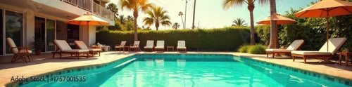 Sun-drenched vintage pool scene, turquoise water sparkling, classic poolside furniture and palm trees creating a retro atmosphere of summer relaxation ,  outdoor,  light,  calm