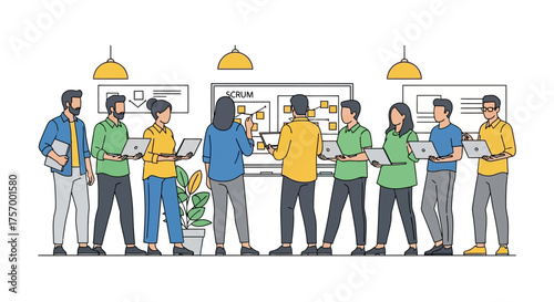 Team of Professionals Collaborating on Scrum Board.