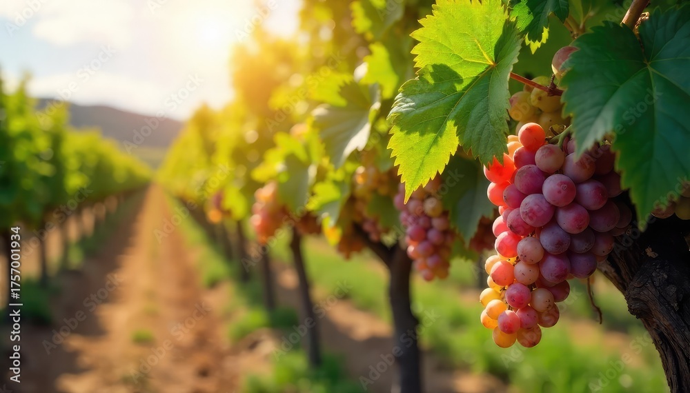 Fototapeta premium Sunlight dapples rows of ripe grapes hanging heavy on the vine in a picturesque vineyard, ready for harvest The scene evokes the beauty and promise of winemaking , vines, beautiful, fall