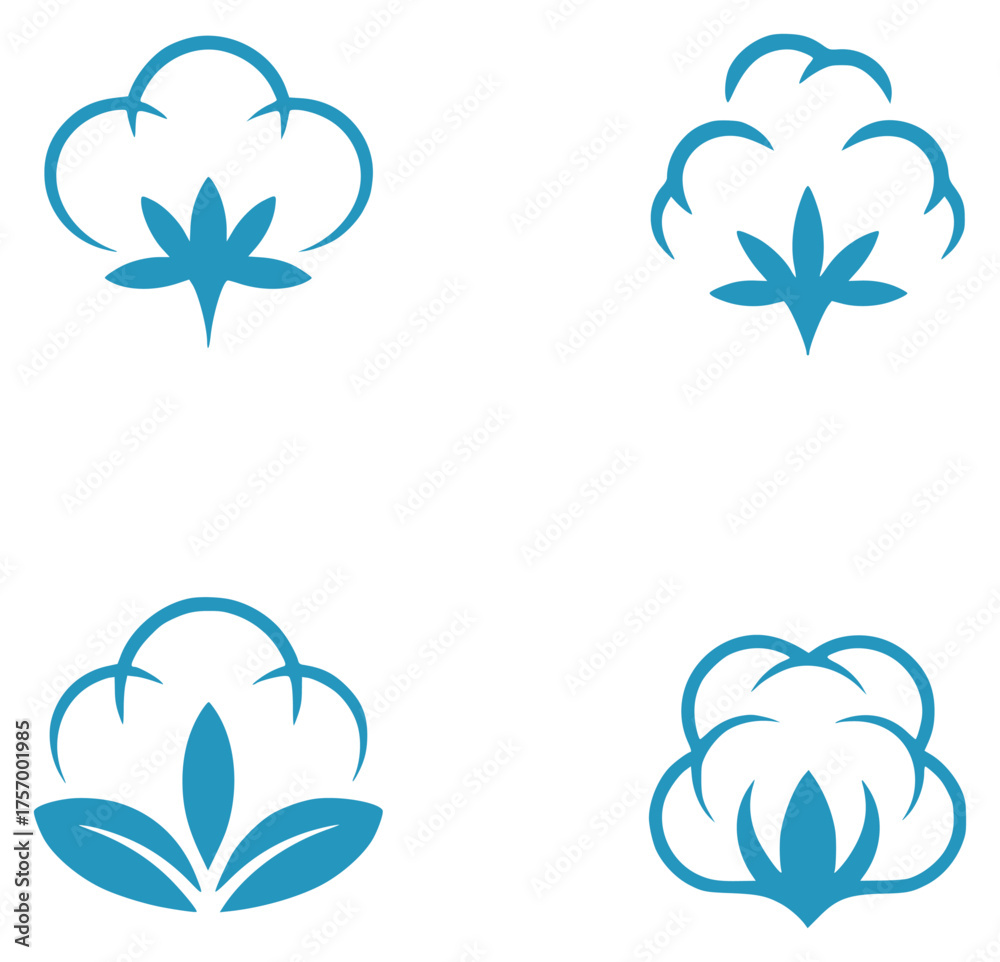 Fototapeta premium Set of Four Blue Cotton Boll Icons on White Background