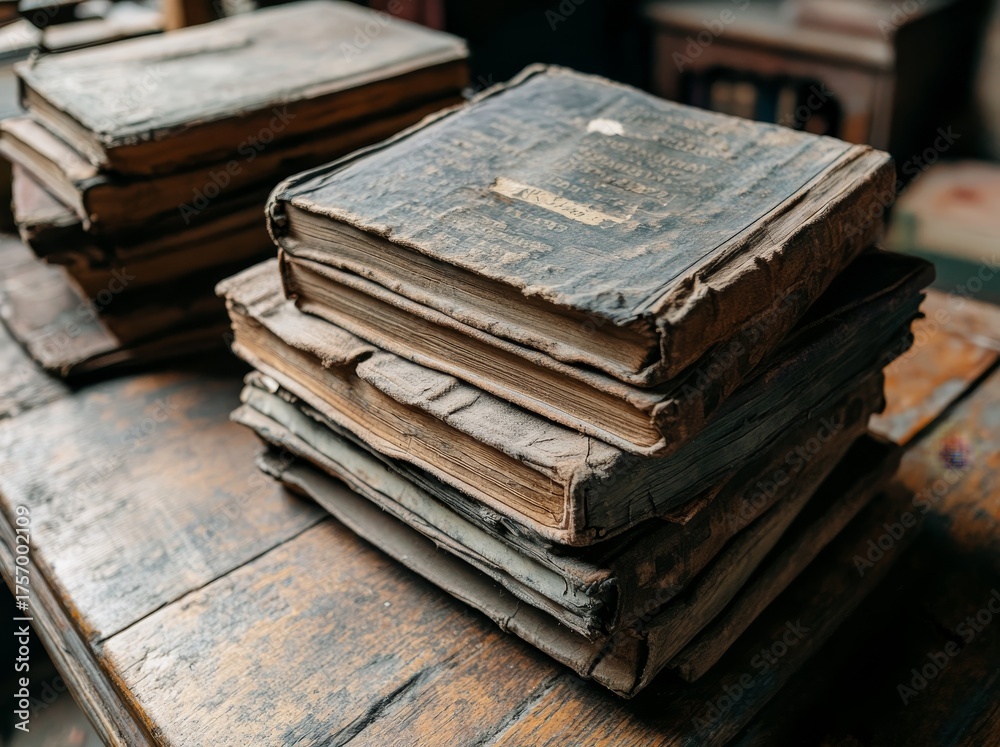 Obraz premium A stack of antique books with time-blurred edges and subtly worn pages recounts stories of numerous readings