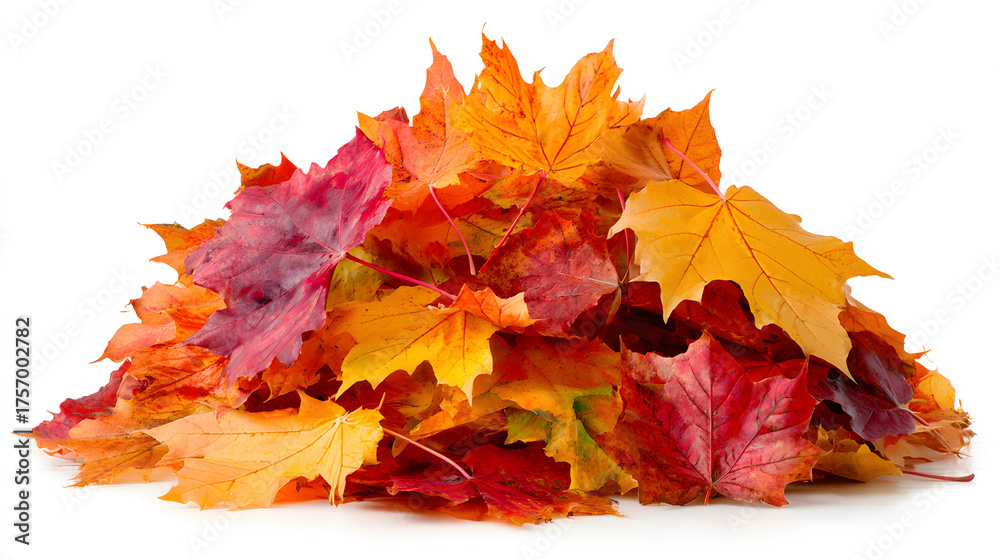 Fototapeta premium Vibrant Heap of Colorful Autumn Maple Leaves Isolated on White Background for Fall Season Concept