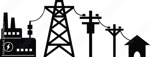 Electricity generation, power plant, high voltage transmission, energy distribution, utility poles, transformers, electrical grid, renewable energy, infrastructure, home electricity supply