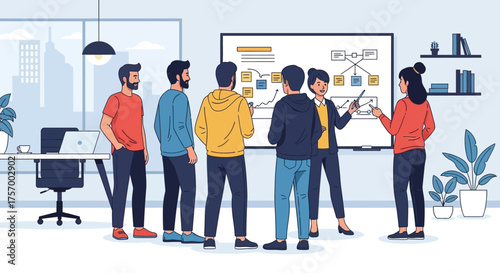 Team Members Discussing Business Strategy on Whiteboard.