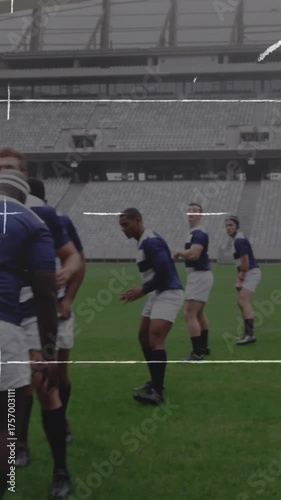 Animation of drawing of game plan over diverse rugby players