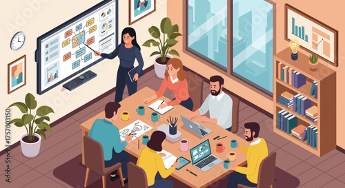 Team Meeting Around Table with Presentation Screen.