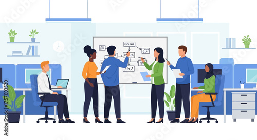 Diverse Team Collaborating Around Whiteboard in Office.