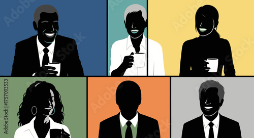 Silhouetted People Holding Coffee Cups Smiling.