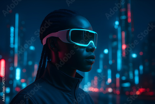 Cyberpunk style portrait of woman wearing VR goggles with neon lights in futuristic city at night, digital and sci-fi atmosphere..