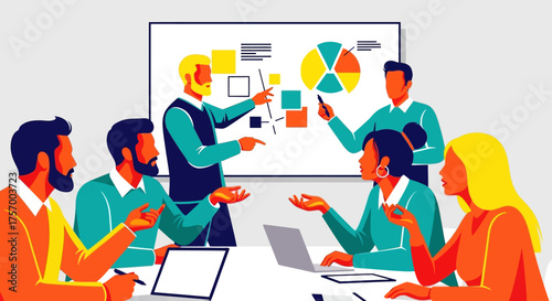 Business Team Meeting Presenting Data Analysis and Charts.