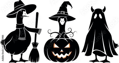 Three whimsical silhouettes of cartoon geese dressed for a spooky halloween celebration vector