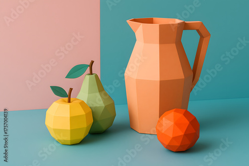 Creative still life made from colorful paper cut into geometric fruits and jug shapes, minimal pastel background for modern design..