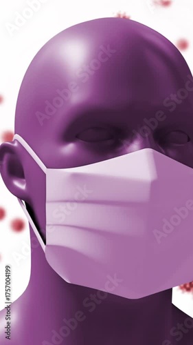 Animation of a digital human head wearing a face mask with giant virus models floating