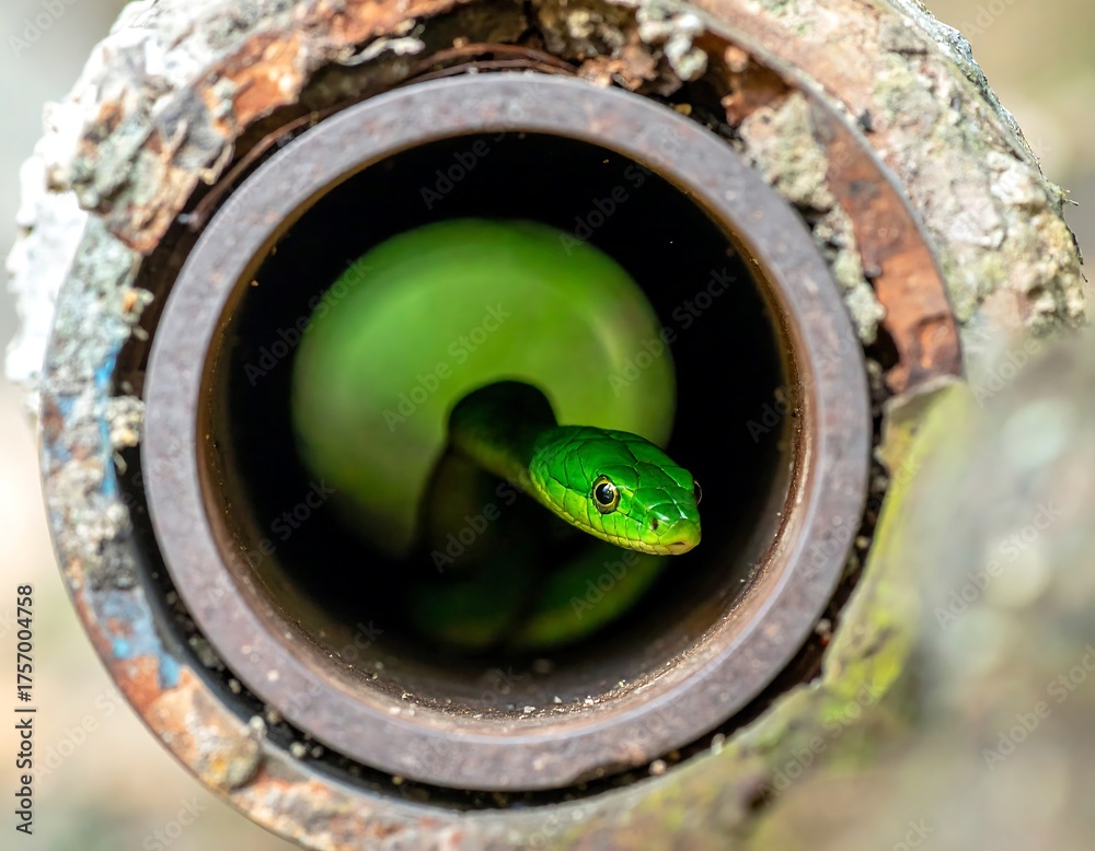 Fototapeta premium Green snake in a rusty pipe