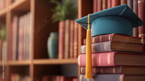 A graduation cap sits atop pastel-hued books marked with bookmarks, representing academic accomplishment and knowledge gained, as soft tones and a blurred backdrop evoke a peaceful ambiance