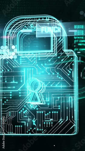 Security padlock icon and data processing against black background