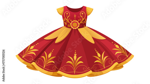 Very beautiful crimson and gold dress with delicate floral embroidery on soft tulle layers, shimmering under studio light, elegant and festive children’s outfit against clean white background, perfect