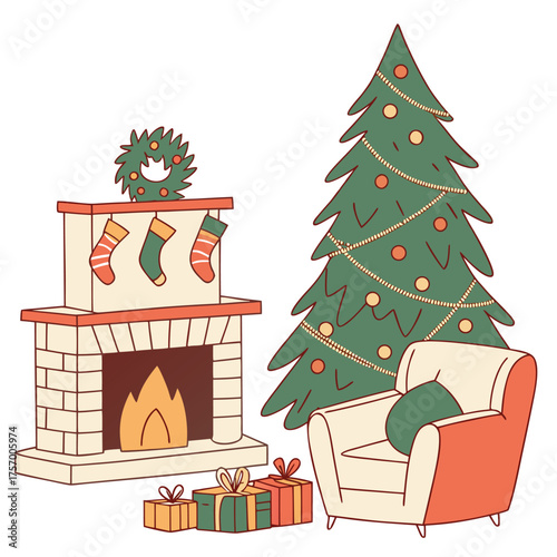 Festive Christmas Room with Fireplace Armchair and Presents stockin vector