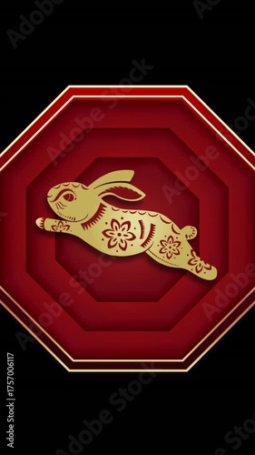 Animation of chinese traditional decorations and rabbit on red background