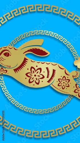 Animation of chinese traditional decorations with rabbit on blue background