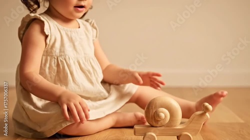 Close Up Of A Little Girl Playing With Wooden Snail Toy On The Wooden Floor In A Soft Lighting Inside A Room With A White Wall, Wearing A Light Beige Dress
