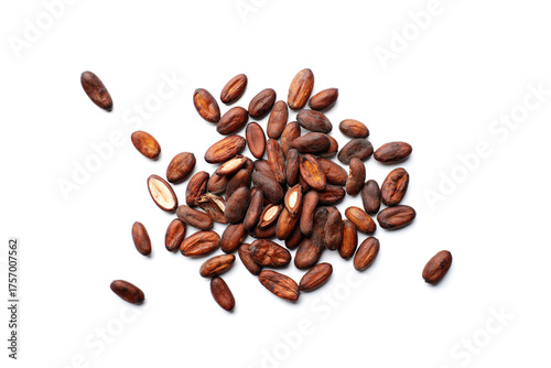Fresh cacao beans on white background