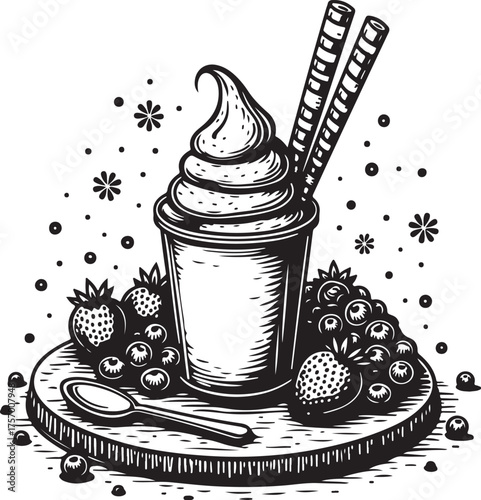 Black and white ice cream with berries and wafer sticks