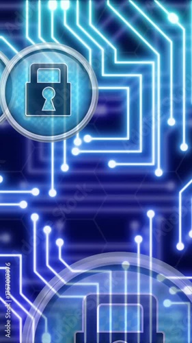 Animation of online security padlocks, data processing over computer circuit board
