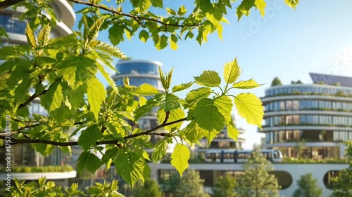 Close Up of Green Leaves Against Modern Eco Building Under Clear Sky