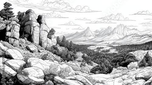 Line art drawing of Saxon Switzerland National Park in Germany is depicted as a scenic mountainous landscape with dense forests and towering rock formations