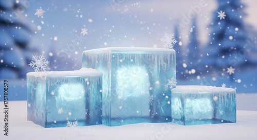 Icy Blue Blocks Covered in Snow with Snowflakes and Trees in the Background