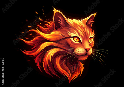 Fierce orange cat face with flowing mane, surrounded by flames, on a dark background, close-up view
