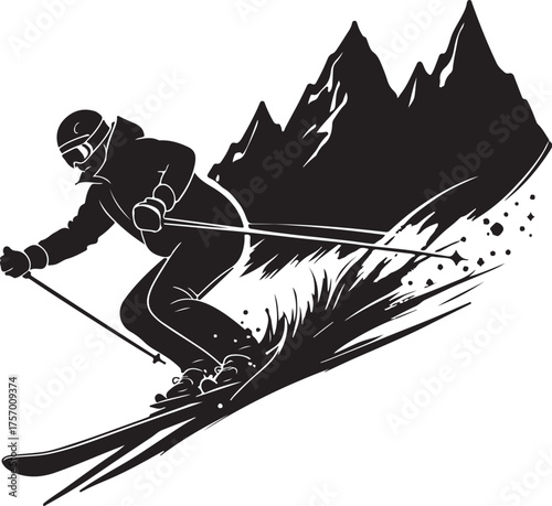 Black and white illustration of a skier descending a snowy mountain