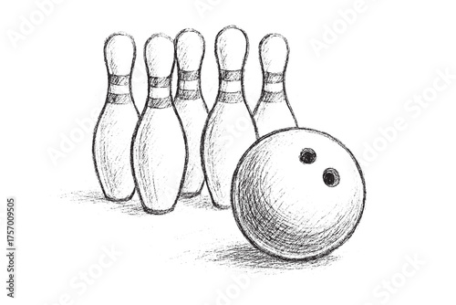 Bowling Ball and Pins Hand Drawn Sketch